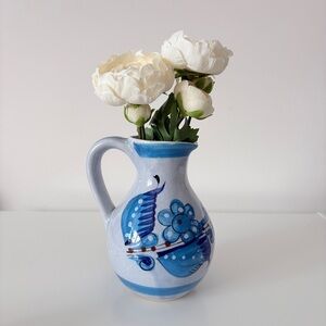 Tonala Mexican Pottery Glaze Pitcher Hand Painted Blue Bird Folk Art Boho